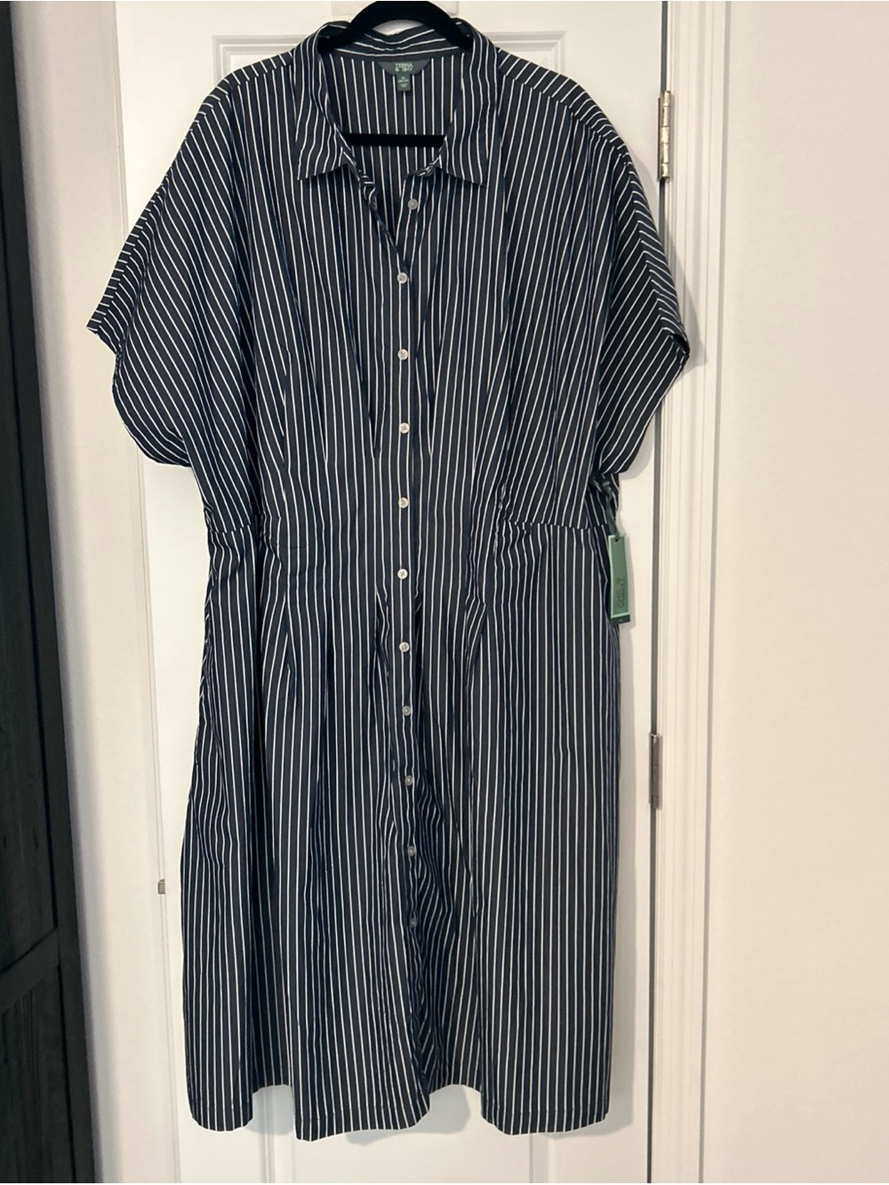 Terra & Sky Midi Fit/Flare Dress- 4X Navy Button Down Vertical Stripe- NWT